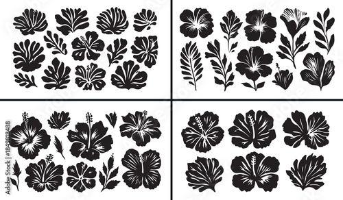 floral leaf clipart, bold flower silhouette, botanical leaf illustration, floral design elements, hand drawn flower art, black white floral clipart, printable flower leaves, botanical silhouette set, 
