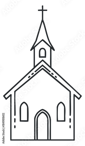 A simple outline of a church building with a cross on the steeple in minimalist vector style, suitable for religious themes and designs