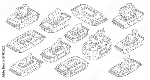 A set of outline vector illustrations of various tissue and wipe packaging in a minimalist style, suitable for product design and branding