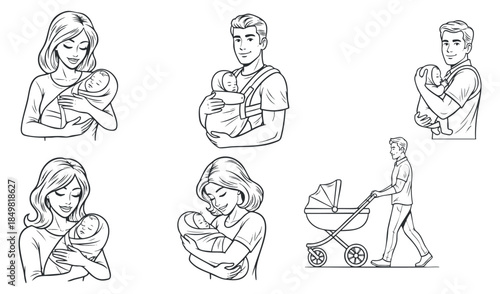 A collection of parents holding and caring for babies in line art vector style, suitable for family and parenting themes