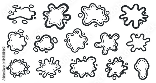 A collection of playful splash and ink blot shapes in black outline vector style, ideal for creative design projects
