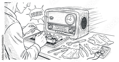 An illustration of a technician repairing a vintage radio with various tools in black and white line art style, ideal for electronics and DIY projects
