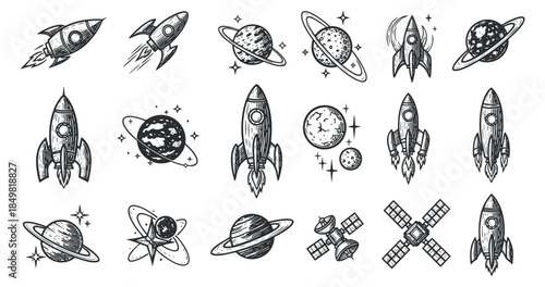 A collection of rockets and planets in a black and white vintage vector style, perfect for space-themed designs and illustrations