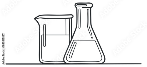 A set of laboratory glassware including a beaker and a flask in minimalist black and white outline vector style, ideal for educational materials and science-themed projects