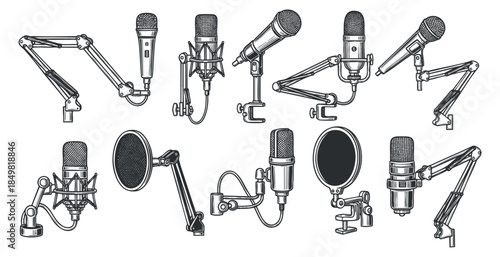 A collection of various microphones and stands in detailed line art vector style, ideal for audio production and music branding
