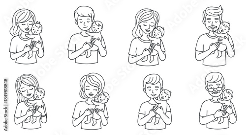 A collection of parents cradling their babies in a simple line art vector style, suitable for family-related designs and illustrations