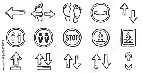 A collection of directional and pedestrian symbols in black and white outline vector style, suitable for wayfinding and signage designs