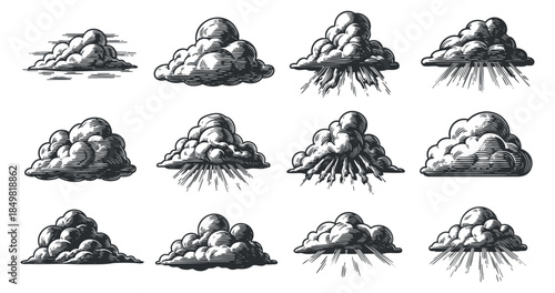 A set of hand-drawn clouds in various styles and weather conditions in black and white vector illustration, ideal for weather-themed designs