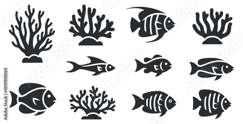 A collection of fish and coral illustrations in black silhouette vector style, suitable for marine-related projects and designs