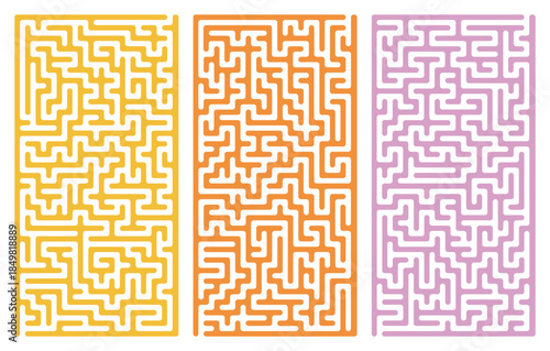 Vector maze with rounded corners in yellow, orange, and pink vertical panels. Complex puzzle labyrinth design with twists, turns, paths, transparent background. Colorful abstract game background