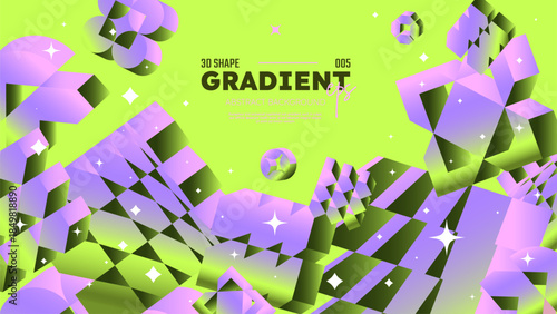 Realistic 3D vector shapes with gradient colors, flying abstract postmodern geometric volumetric different shapes in motion, light green background, Gradient brutal contemporary figure