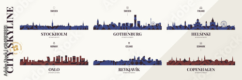 City skyline silhouettes Stockholm, Gothenburg, Helsinki, Oslo, Reykjavik, Copenhagen, Panoramas of Scandinavian cityscape horizon with abstract brutalism geometric pattern, urban cityscape, kit 14