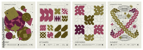 Futuristic abstract graphic wireframe elements of geometric shapes rave composition, Brutalism style vector minimalistic Posters with silhouette postmodern figures, Trendy color print artwork set 101