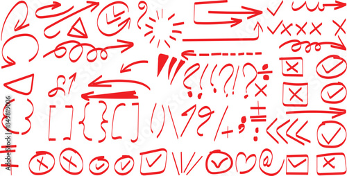 Collection of hand drawn red doodle symbols arrows checkmarks punctuation marks and correction marks