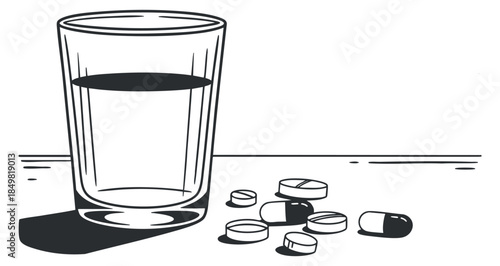 A glass of water next to scattered pills and capsules in simple line art vector style, suitable for health and wellness projects