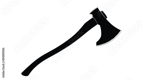 A black axe with a long handle is isolated on a white background