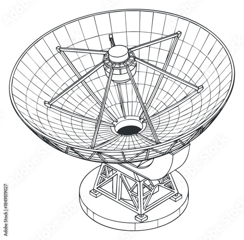 A detailed wireframe illustration of a satellite dish antenna in modern outline vector style, suitable for technology or engineering projects