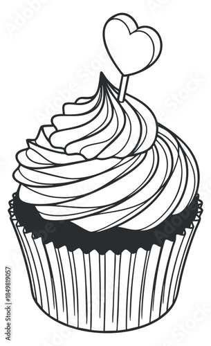A whimsical cupcake with swirled frosting and a heart-shaped topper in black and white outline vector style, ideal for dessert branding and packaging