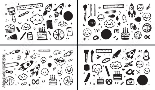 daily life doodle clipart, education icon sketches, routine activity drawings, simple lifestyle icons, hand drawn daily symbols, black white life clipart, printable routine icons, school life doodles,