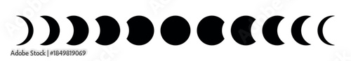 Solid black moon phases vector silhouettes on transparent background representing full lunar cycle for celestial themes, astrology, science visuals, educational astronomy graphics, moon calendar