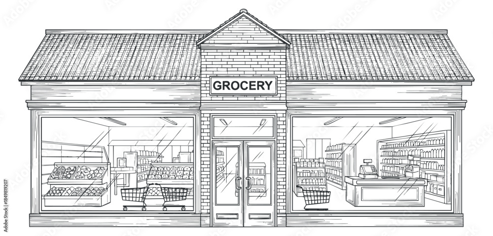 Fototapeta premium A grocery store front view with shopping carts and shelves in detailed outline sketch vector style, suitable for retail illustrations