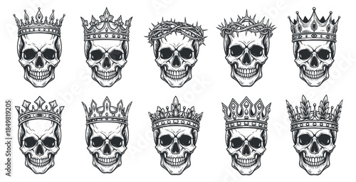 A collection of ten skulls adorned with various crowns in detailed black and white vector style, perfect for gothic and tattoo designs