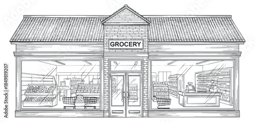 A grocery store front view with shopping carts and shelves in detailed outline sketch vector style, suitable for retail illustrations