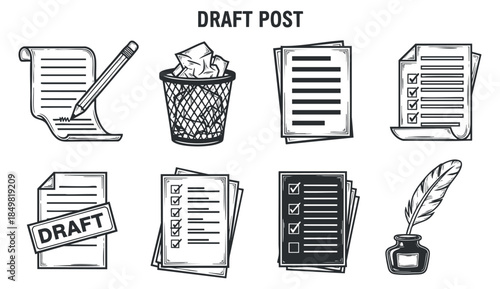 A collection of draft documents, notes, and writing tools in black and white outline vector style, suitable for creative projects and office design