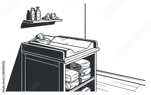 A nursery changing table with neatly arranged towels and baby products in black and white minimalist vector style, ideal for childcare design