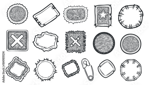 A collection of hand-drawn badges and labels in black and white outline vector style, suitable for graphic design and branding projects