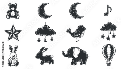 A collection of cute animal toys and celestial elements in black and white outline vector style, perfect for children's room decor