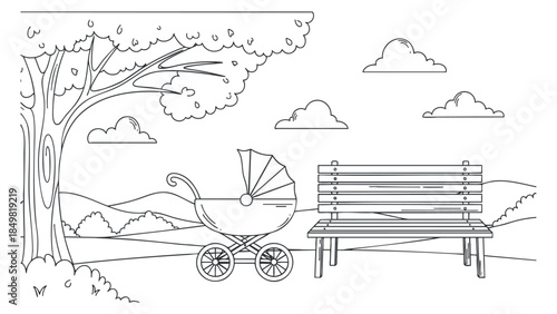 A baby stroller beside a park bench under a tree in minimalist line art vector style, ideal for parenting and outdoor themes