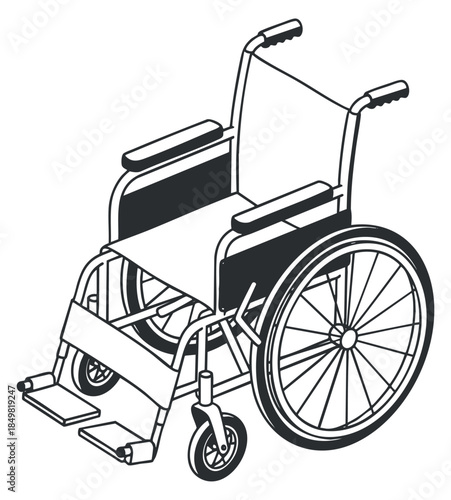 A detailed outline illustration of a manual wheelchair in a clean vector style, suitable for healthcare and accessibility design projects