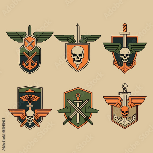 Collection of six military-inspired shield and emblem designs featuring skulls swords and wings in