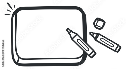 A whiteboard with markers and an eraser in black outline minimalist vector style, ideal for educational and office use