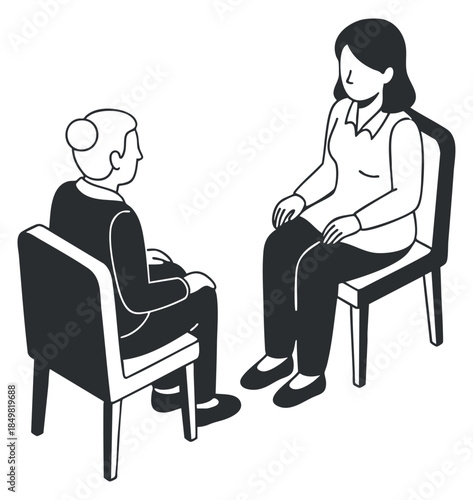 A woman and a man engaged in a conversation while sitting in minimalist black and white vector style, ideal for mental health and counseling illustrations