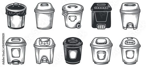 A collection of various trash and recycling bins in black and white outline vector style, suitable for environmental awareness designs
