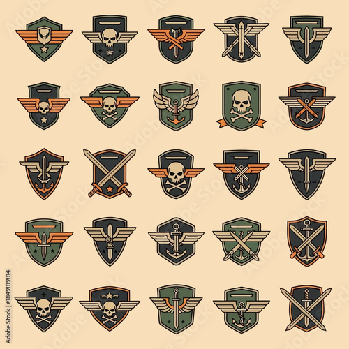 Collection of Military and Aviation Emblem Badges Featuring Skulls and Wings with Diverse Symbols