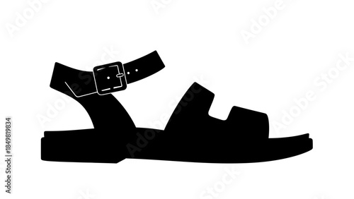 Black Leather Sandal with Buckle Strap.