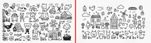 village house doodle clipart, cute building illustration, small town sketches, cartoon house drawings, hand drawn village art, black white house clipart, printable building doodles, neighborhood illus