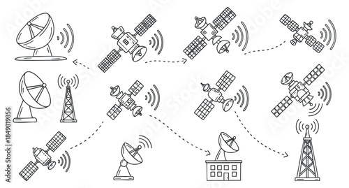 A collection of satellite dishes, satellites, and communication towers in minimalist vector outline style, ideal for technology and telecommunications projects