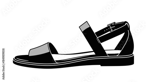 Black Leather Sandal with Strap Detail.