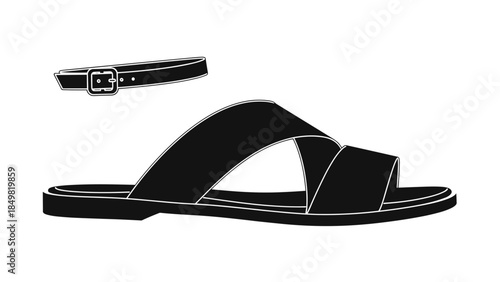 Black Leather Sandal with Strap and Buckle.