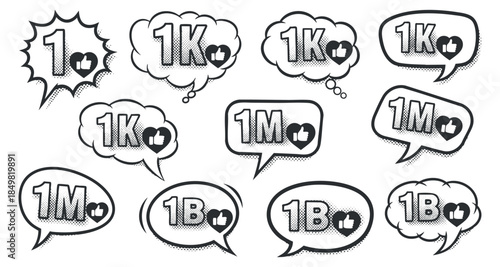 A collection of speech bubbles featuring various numbers like 1M, 1K, and 1B in black and white vector style, ideal for social media graphics and digital communication