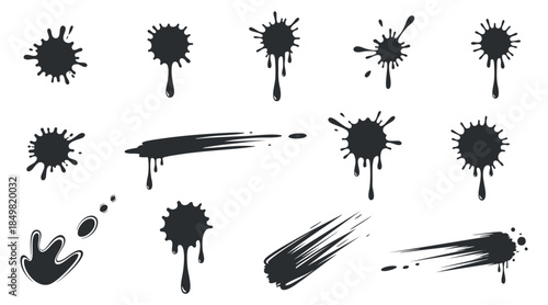 A collection of black ink splashes, drips, and strokes in modern vector style, perfect for creative design projects