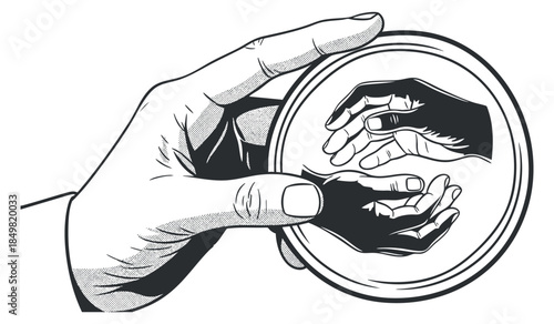 A hand holding a circular mirror reflecting two hands in a black and white outline style, ideal for themes of connection and support