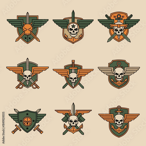 Collection of vintage military insignia emblems featuring skull motifs and aviation themes for