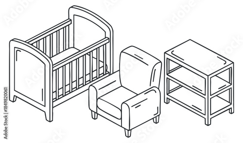 A nursery scene featuring a crib, a comfortable chair, and a storage shelf in minimalist outline vector style, ideal for parenting and baby care projects