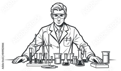 A scientist in a laboratory surrounded by various glassware and equipment in a black and white outline vector style, ideal for educational materials or science-themed designs