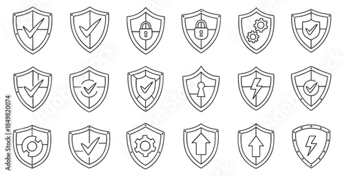 A collection of 16 security shield icons with various symbols in a minimalist line art vector style, ideal for technology and safety projects